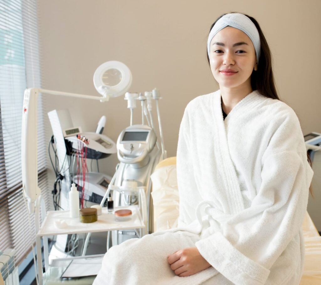 Mujer sentada esperando a recibir tratamiento facial